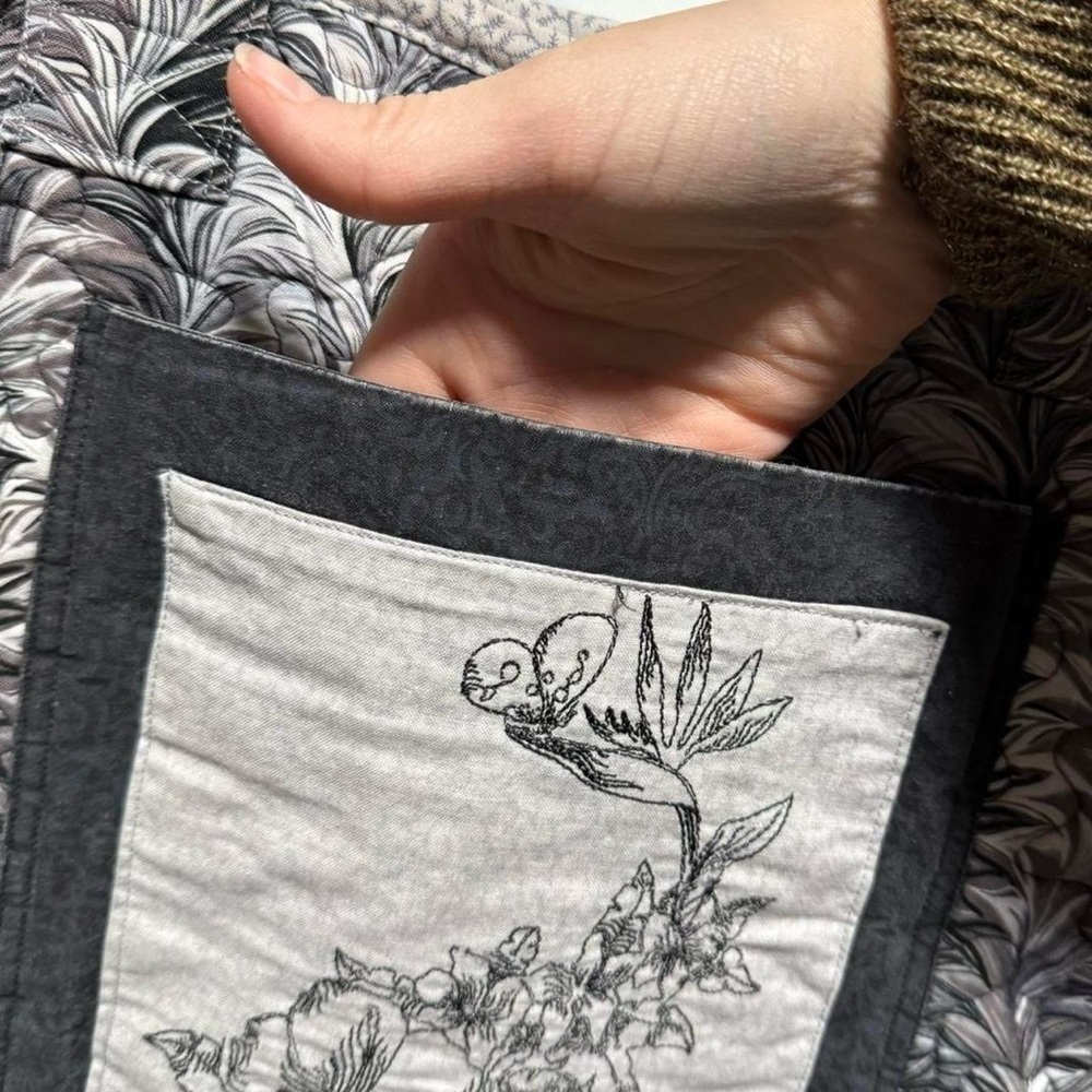 Handmade Floral Embroidered Quilted Tote Bag - Black and White Swirl Cottagecore - Picture 3 of 7